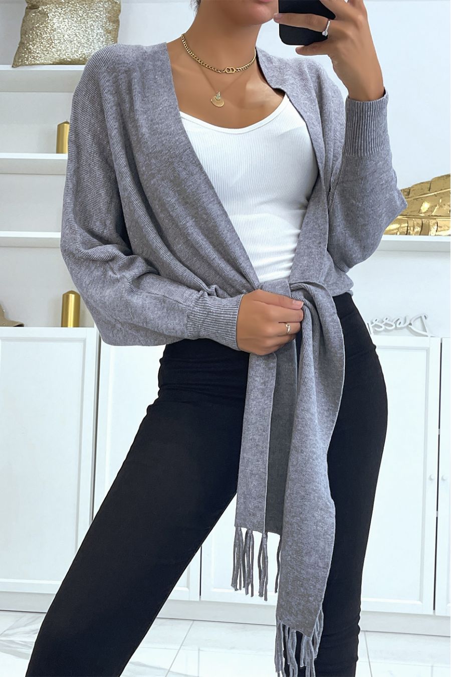 Gray wrap cardigan with bardot collar - 2