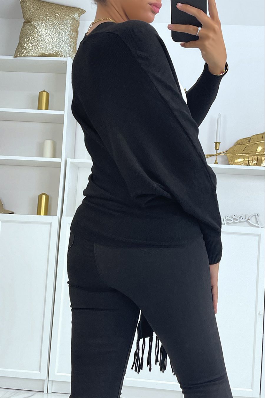 Zwart overslagvest met bardot-kraag - 1