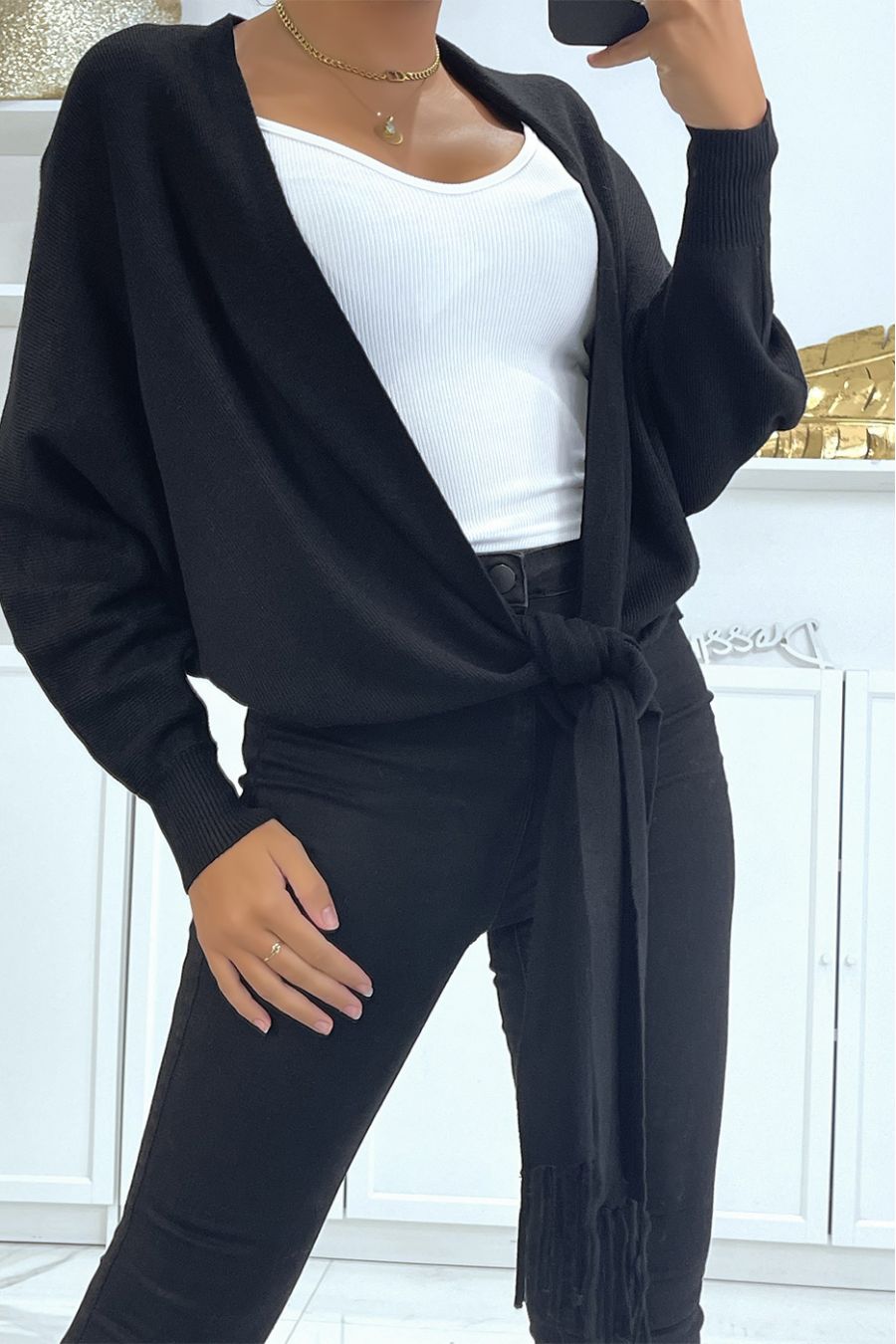 Zwart overslagvest met bardot-kraag - 2