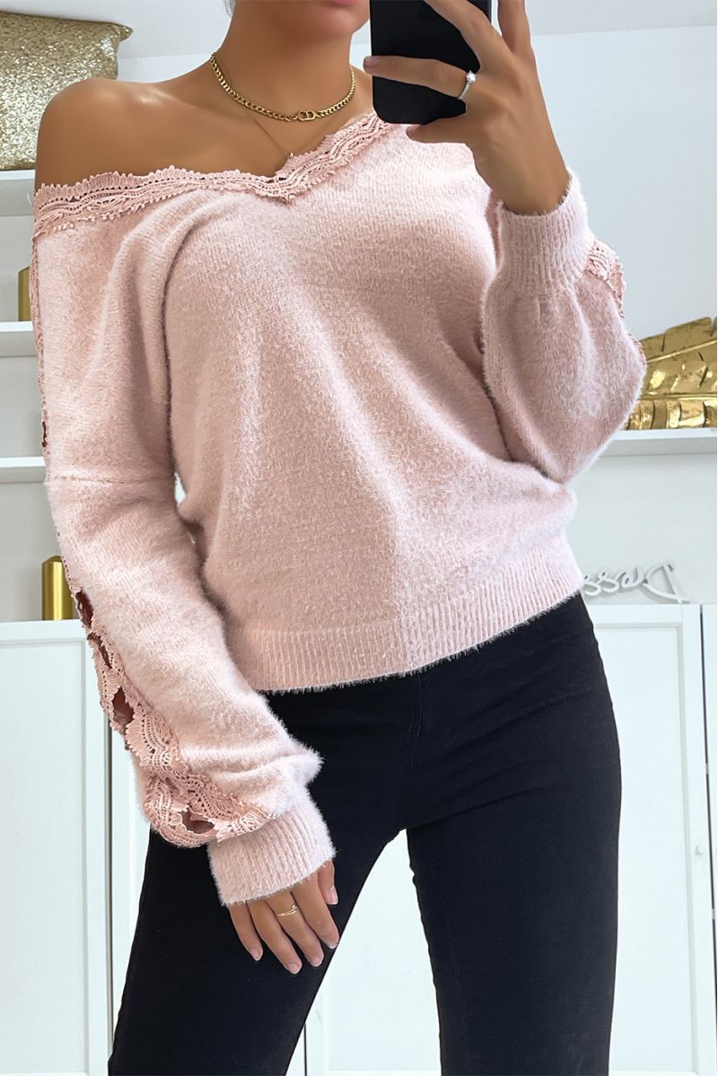 Pink V-neck sweater with openwork sleeves bohemian style - 1
