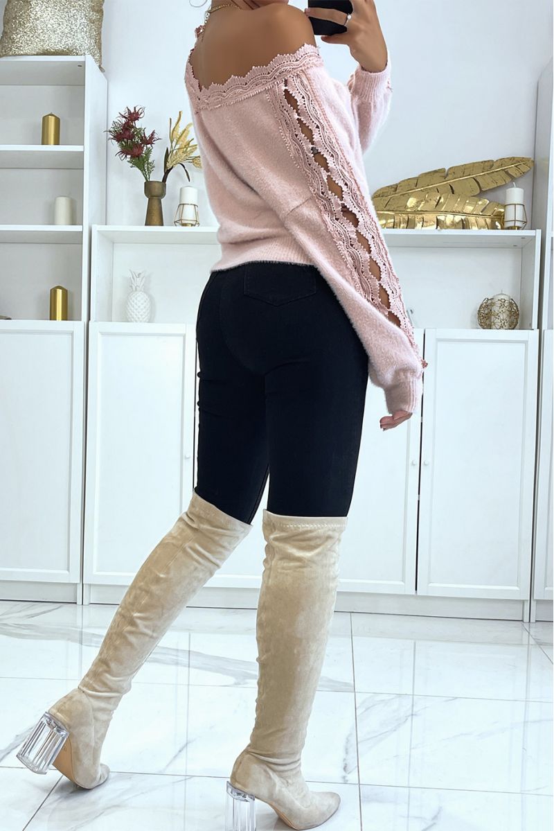 Pink V-neck sweater with openwork sleeves bohemian style - 2