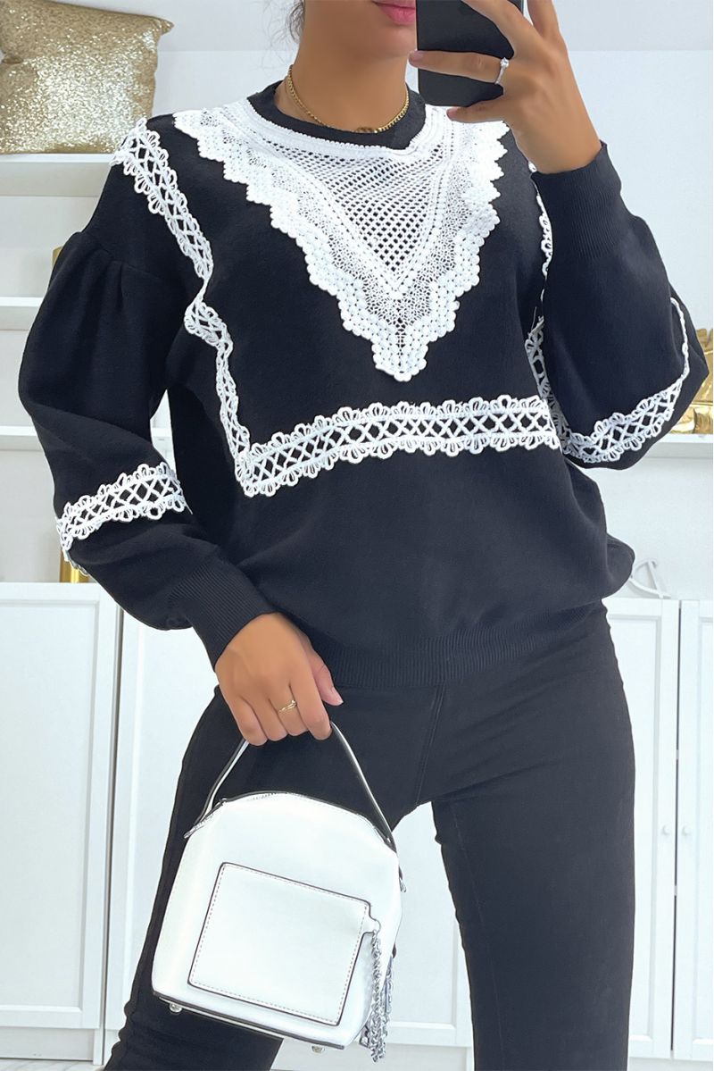 Black oversized sweater puffed sleeve with lace pattern - 3