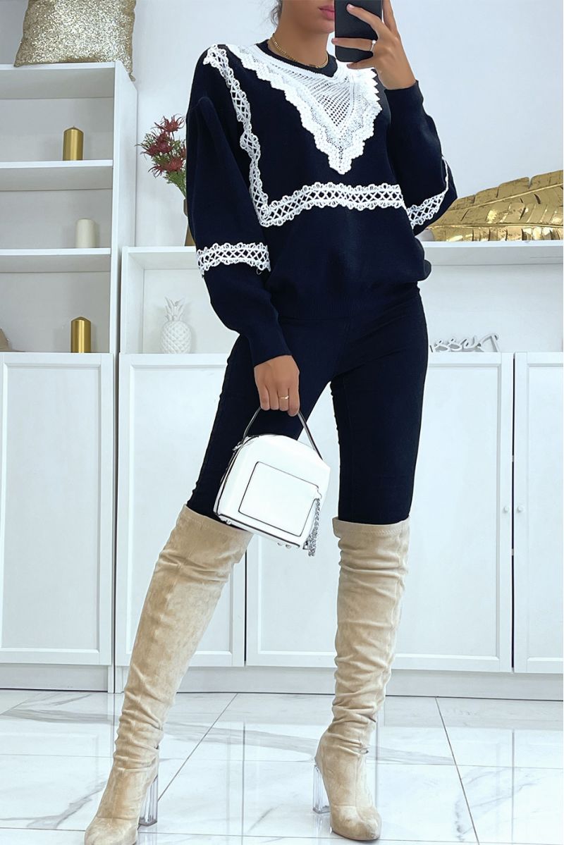 Black oversized sweater puffed sleeve with lace pattern - 4