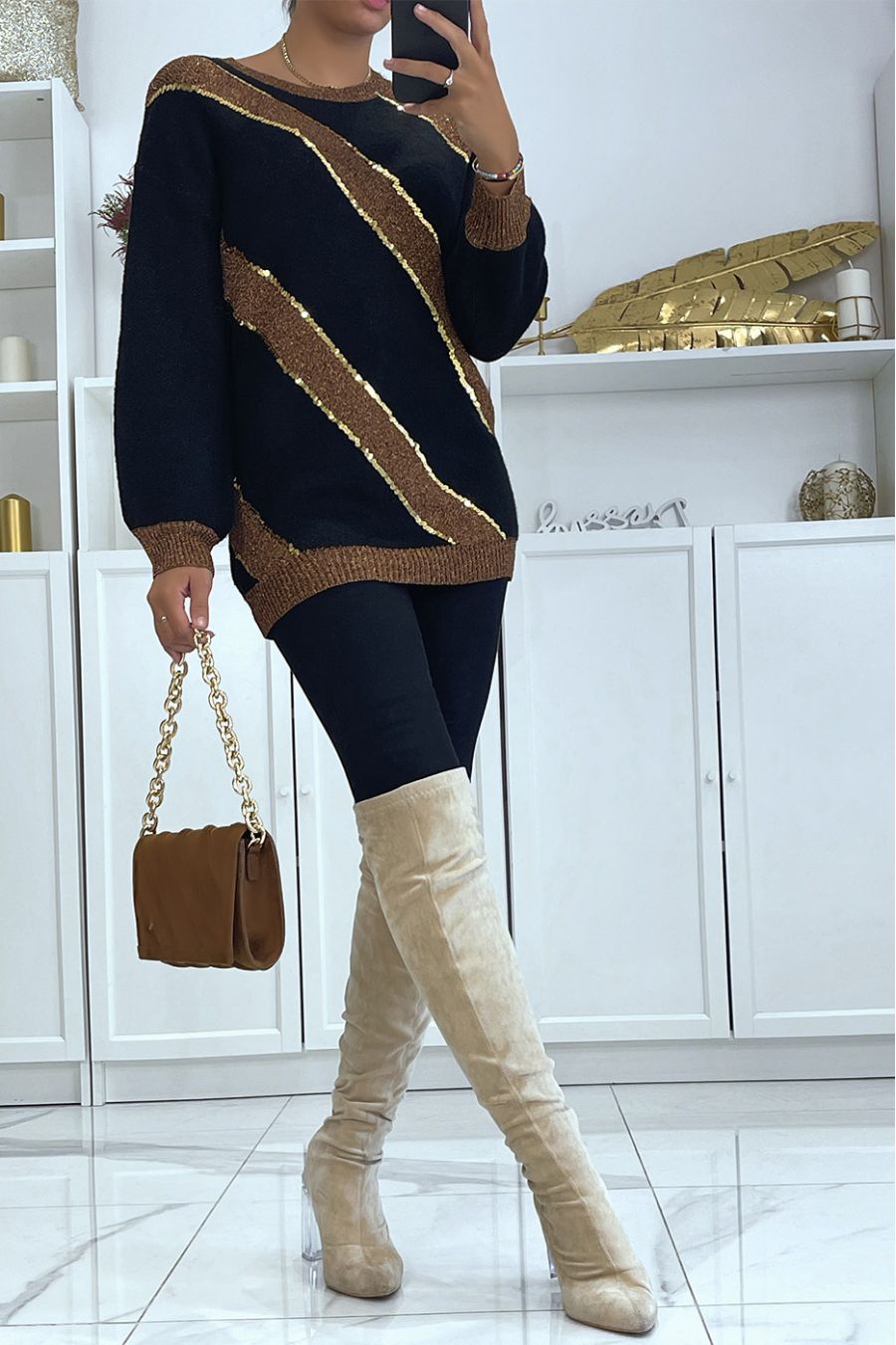 Oversized zwarte trui met gouden glitterpatroon - 3