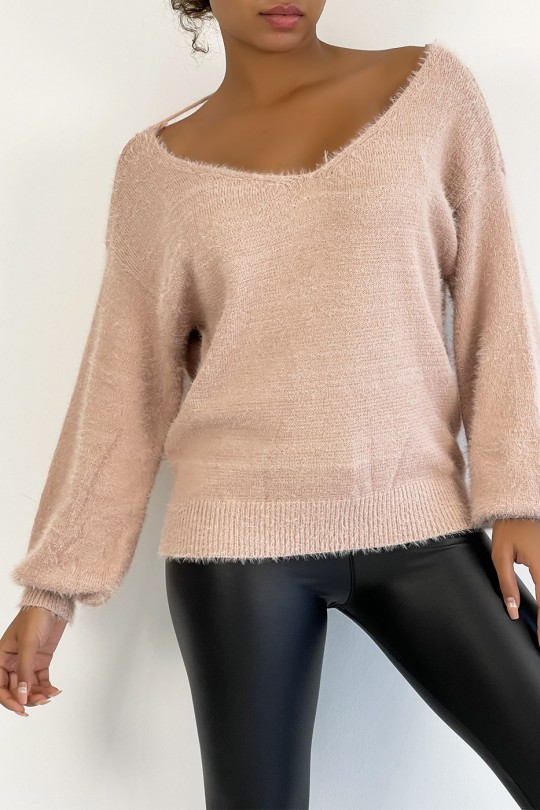 Soft pink halterneck sweater with puffed sleeves - 1