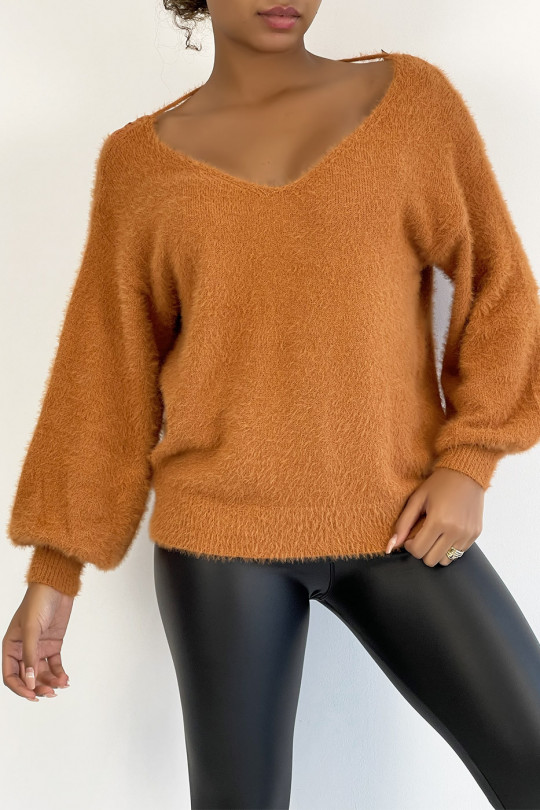 Soft cognac backless sweater with puffed sleeves - 1