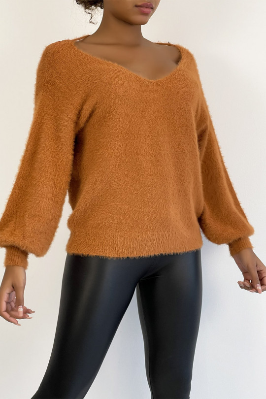 Soft cognac backless sweater with puffed sleeves - 2