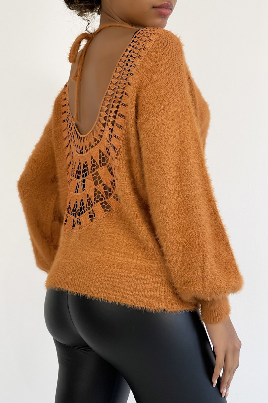 Soft cognac backless sweater with puffed sleeves - 3