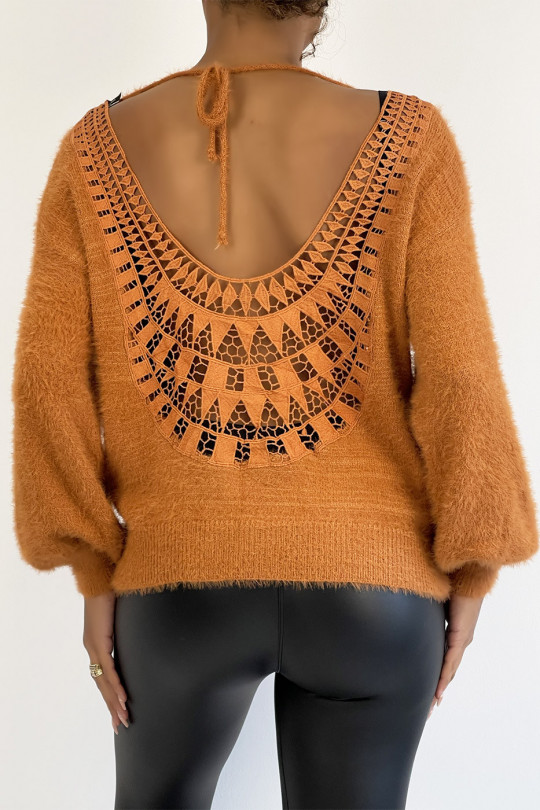 Soft cognac backless sweater with puffed sleeves - 4