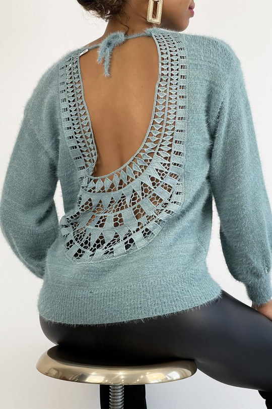 Soft blue backless sweater with puffed sleeves - 7