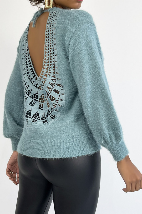 Soft blue backless sweater with puffed sleeves - 2
