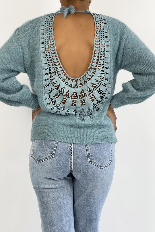 Soft blue backless sweater with puffed sleeves - 3