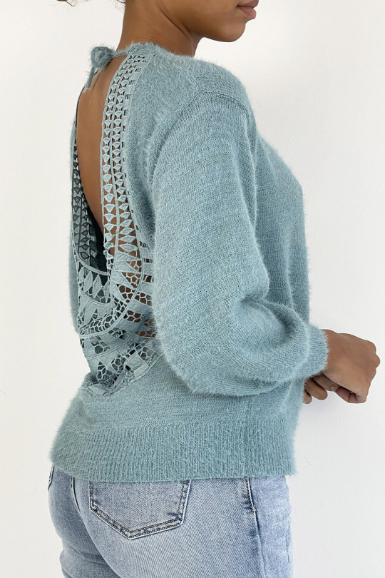 Soft blue backless sweater with puffed sleeves - 4