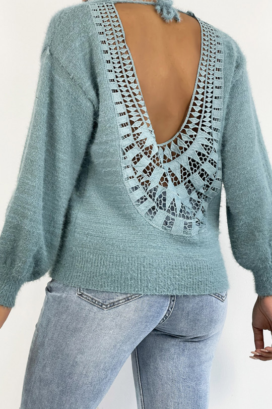 Soft blue backless sweater with puffed sleeves - 5