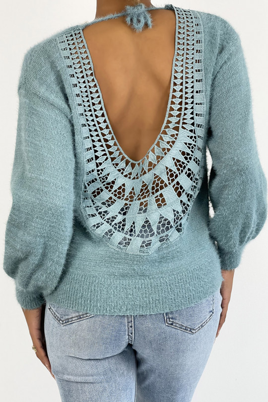 Soft blue backless sweater with puffed sleeves - 6