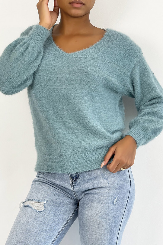 Soft blue backless sweater with puffed sleeves - 8