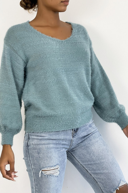 Soft blue backless sweater with puffed sleeves - 9