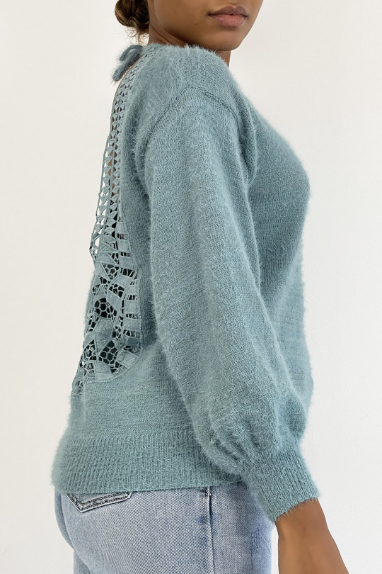 Soft blue backless sweater with puffed sleeves - 10