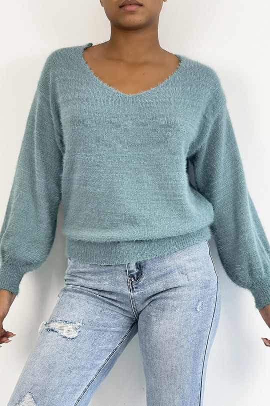 Soft blue backless sweater with puffed sleeves - 1
