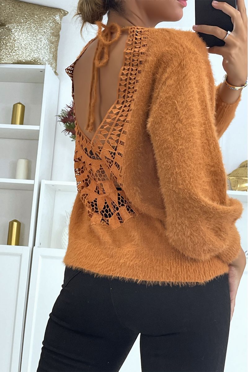 Soft cognac backless sweater with puffed sleeves - 7