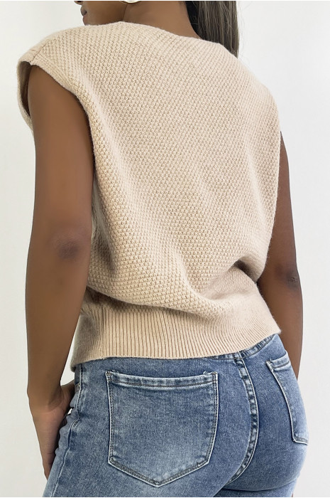 Camel mouwloze trui met V-hals en mooi gevlochten patroon - 10