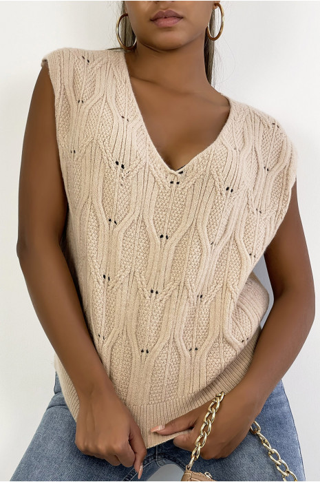 Camel sleeveless V-neck sweater with pretty braided pattern - 12