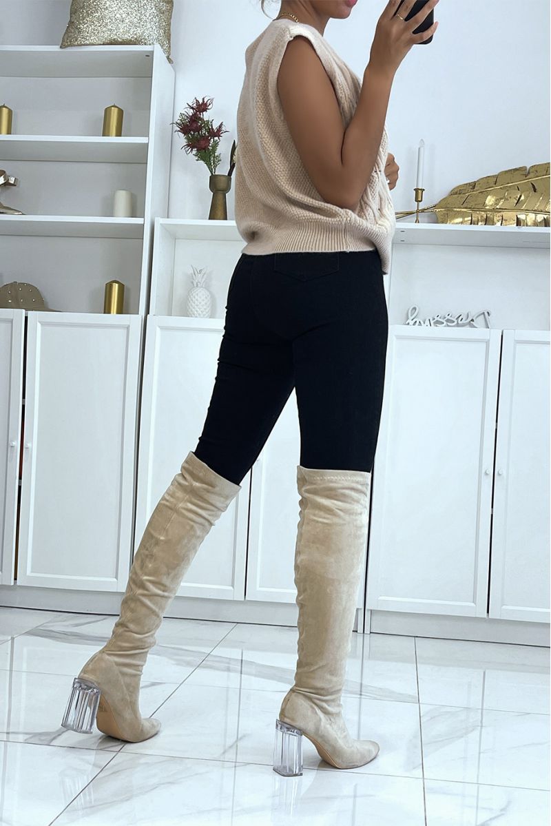 Camel sleeveless V-neck sweater with pretty braided pattern - 2