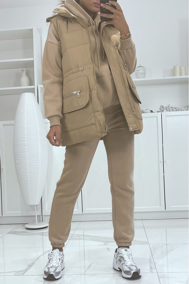 3-piece super thick padded sweatshirt and joggers set in camel - 1