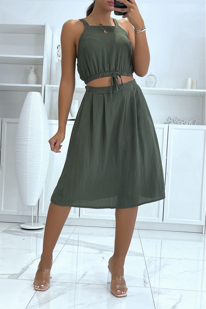 Light and comfortable khaki crop top set with elastic waist ideal for mid-season. - 1