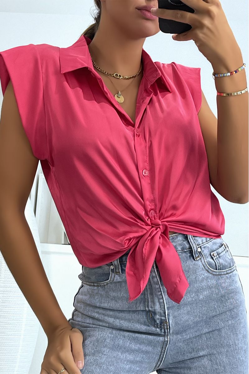 Short fuchsia satin blouse with buttons, lapel collar and hyper glamorous short sleeves - 1