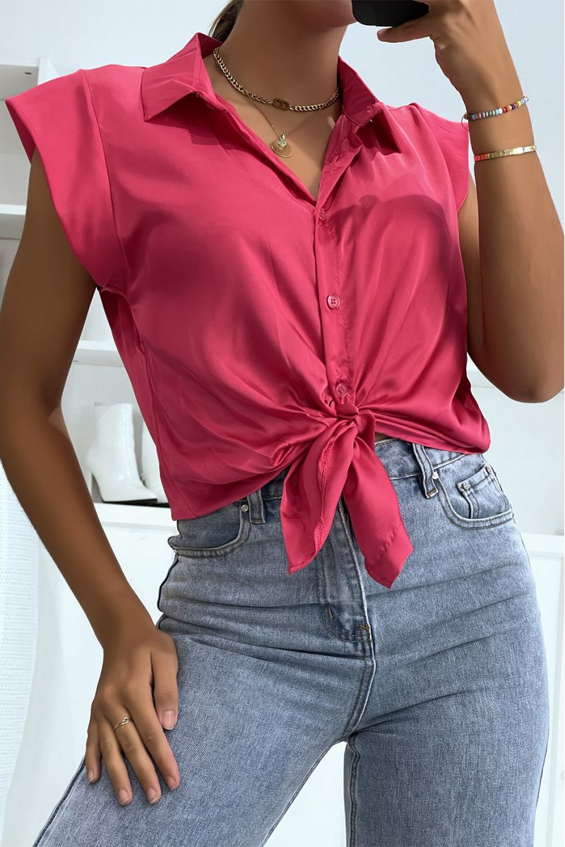Short fuchsia satin blouse with buttons, lapel collar and hyper glamorous short sleeves - 2