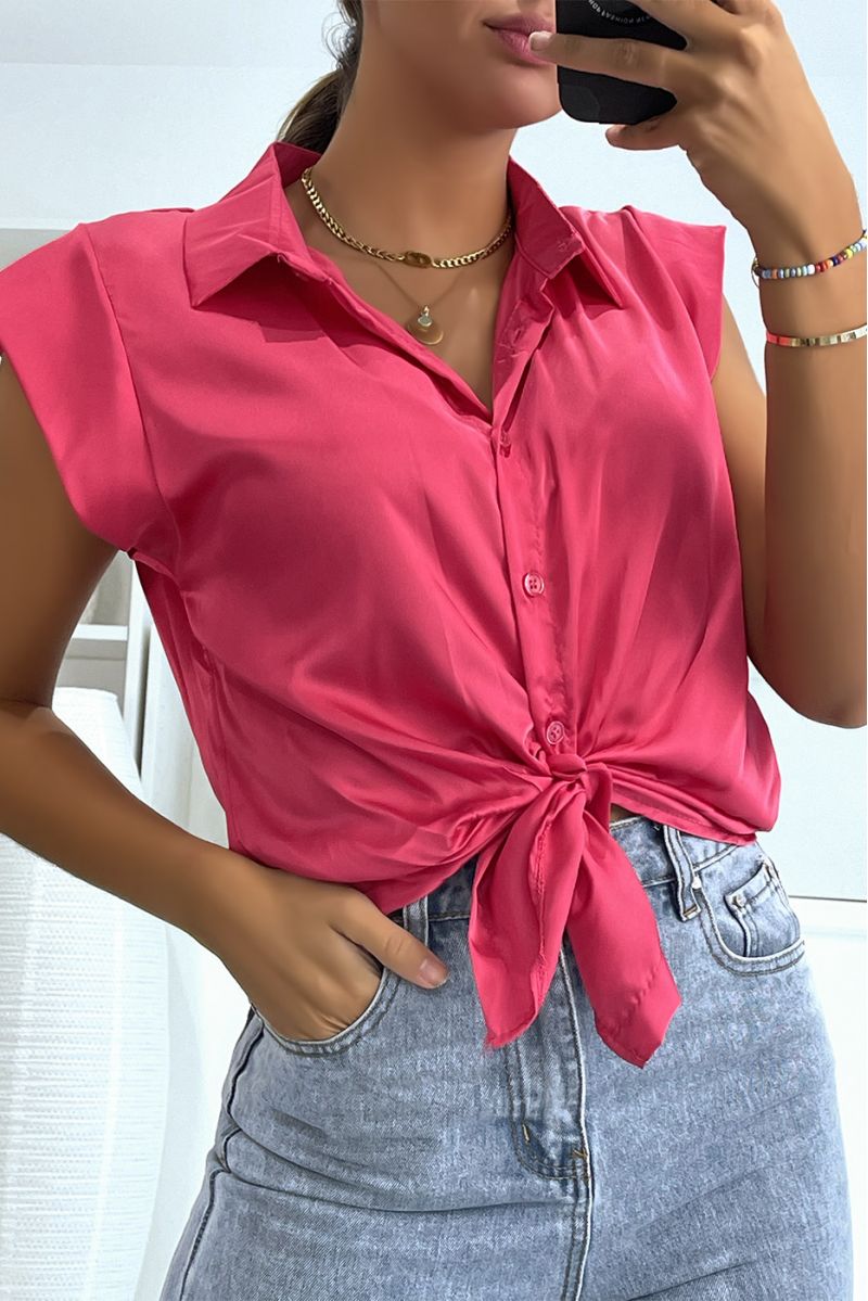 Short fuchsia satin blouse with buttons, lapel collar and hyper glamorous short sleeves - 3