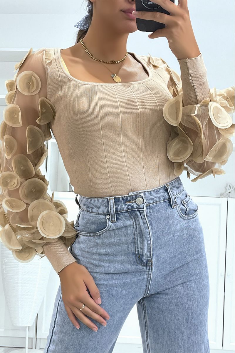 Camel ribbed sweater with tulle and petal sleeves - 2