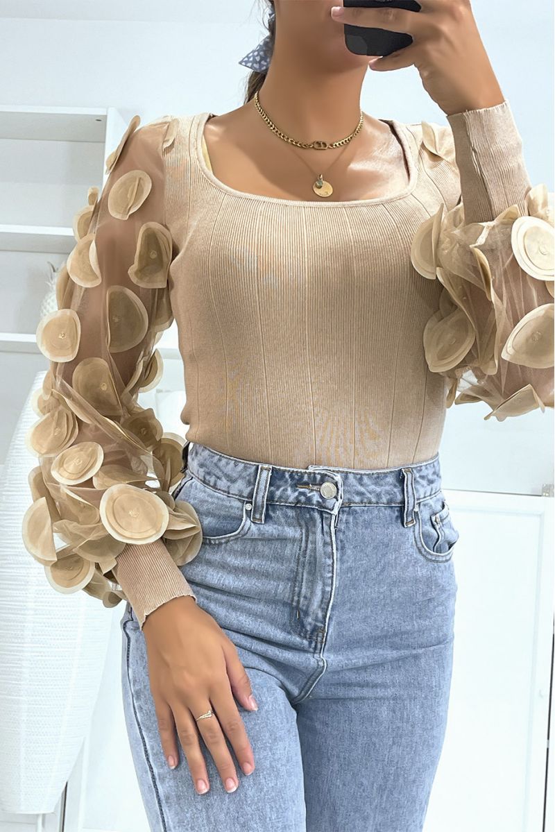 Camel ribbed sweater with tulle and petal sleeves - 3