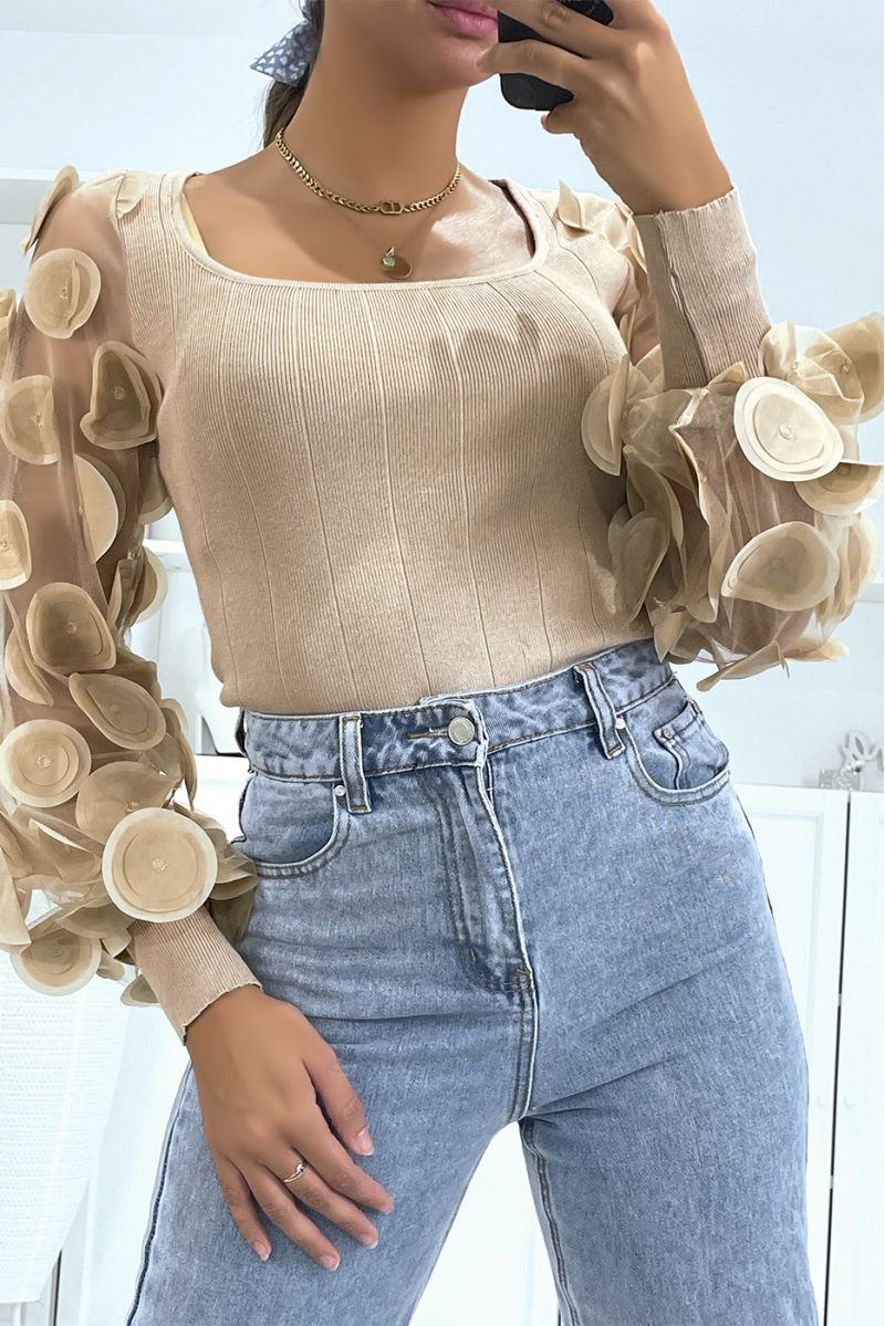 Camel ribbed sweater with tulle and petal sleeves - 4