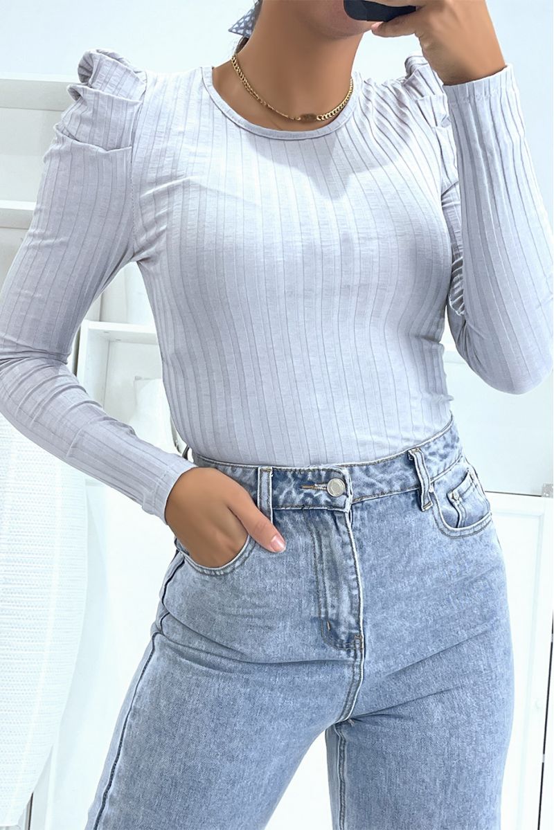 Gray puff shoulder top in ribbed fabric - 2