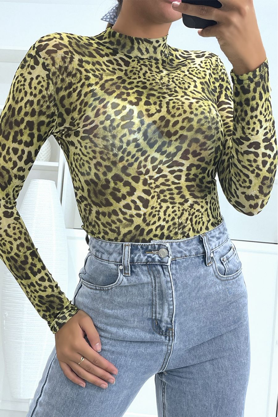 Neon Green Leopard Print Bodysuit Sexy Skinny Animal Streetwear Long Sleeve  Top
