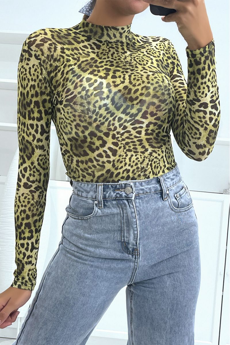 Neon Green Leopard Print Mesh High Neck Bodysuit - 2