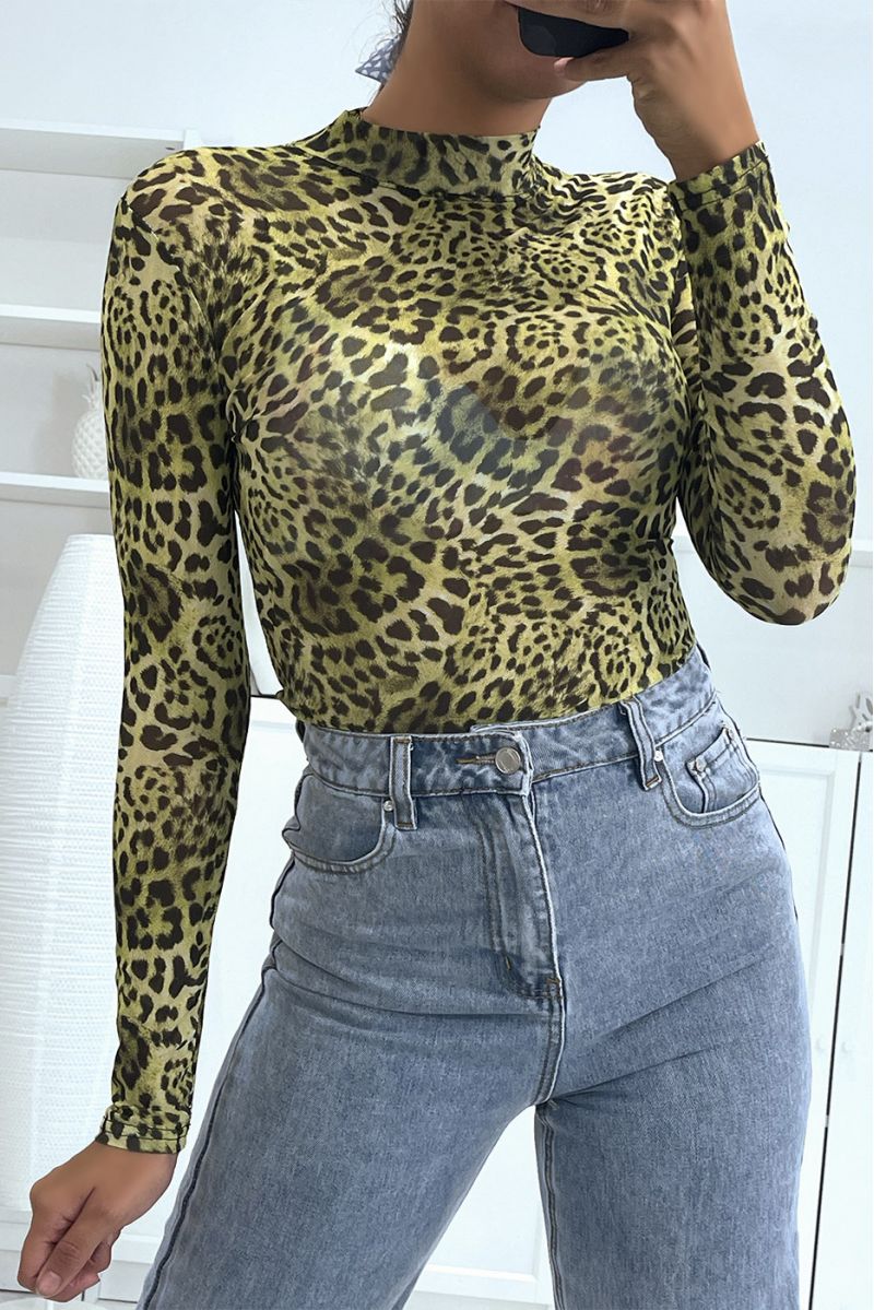 Neon Green Leopard Print Mesh High Neck Bodysuit - 3