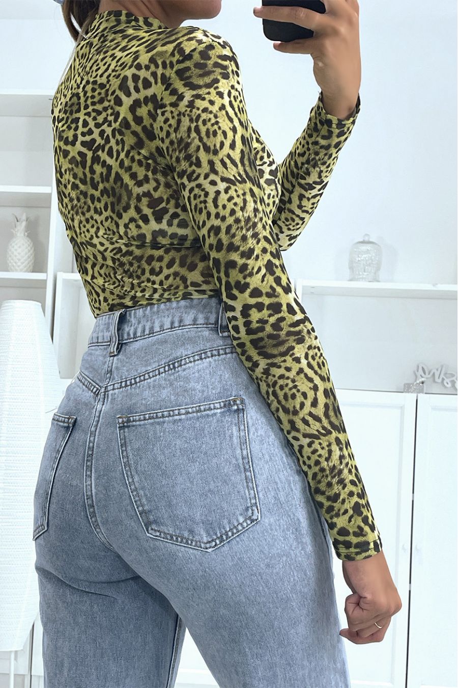 Neongroene bodysuit van mesh met hoge hals en luipaardprint - 4