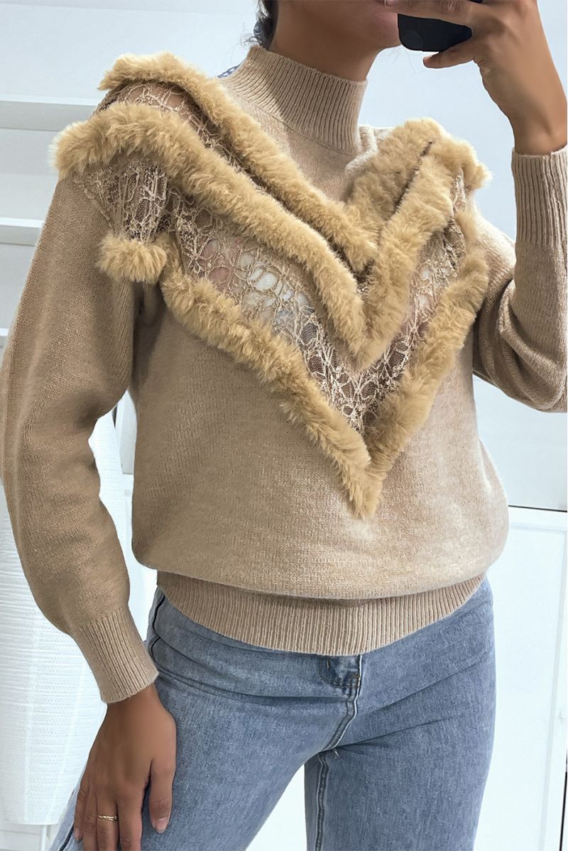 Camel V-pattern lace and faux fur sweater - 2