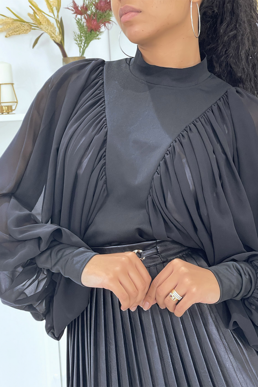 Black veil puff sleeve blouse - 9