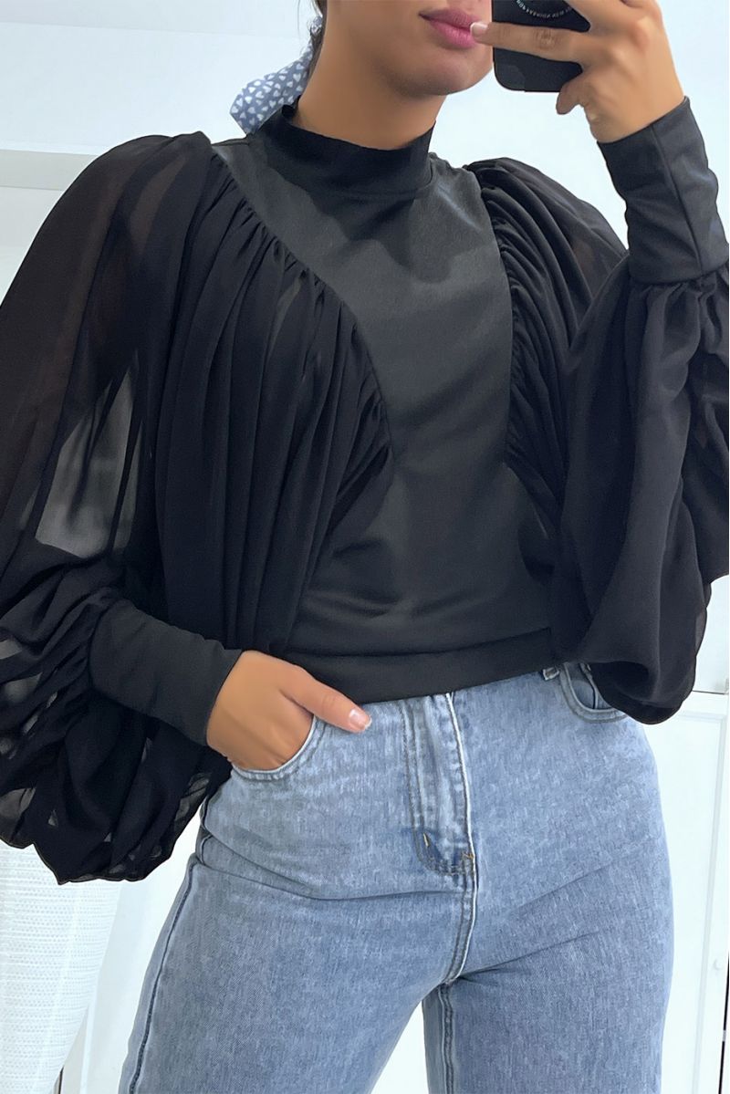 Black veil puff sleeve blouse - 1