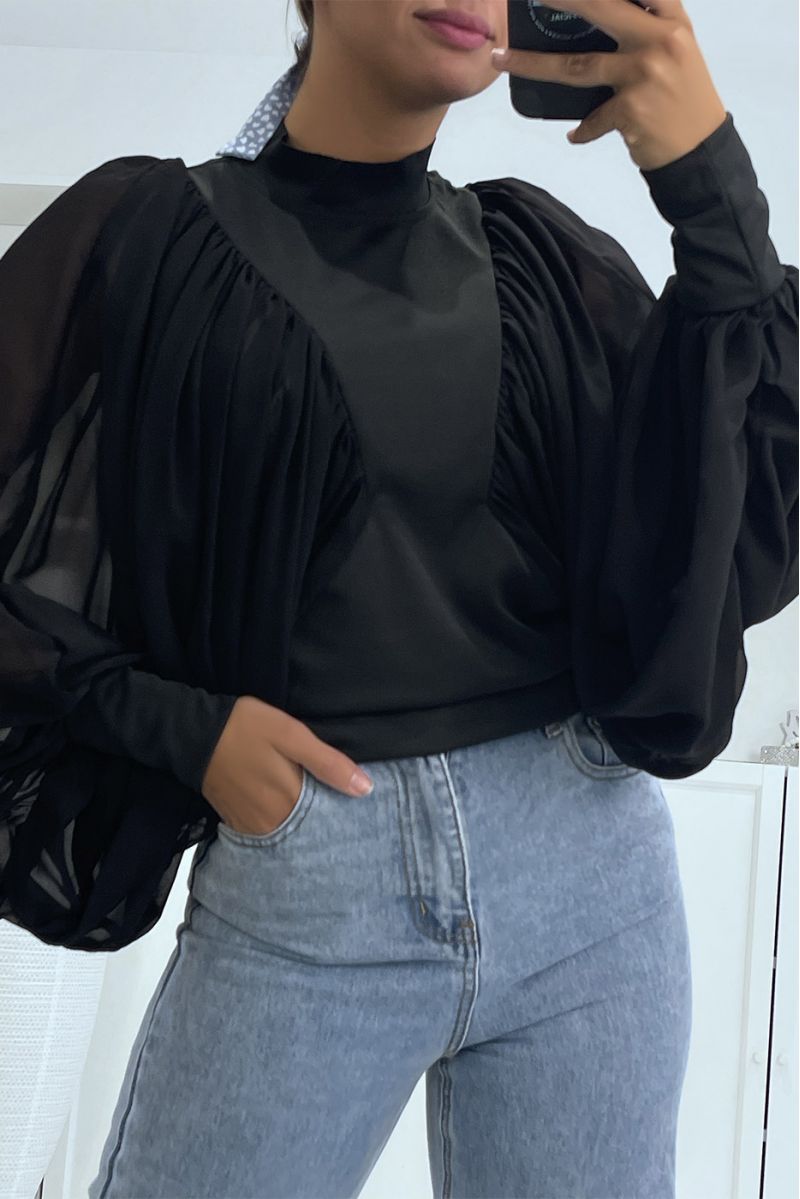Black veil puff sleeve blouse - 2