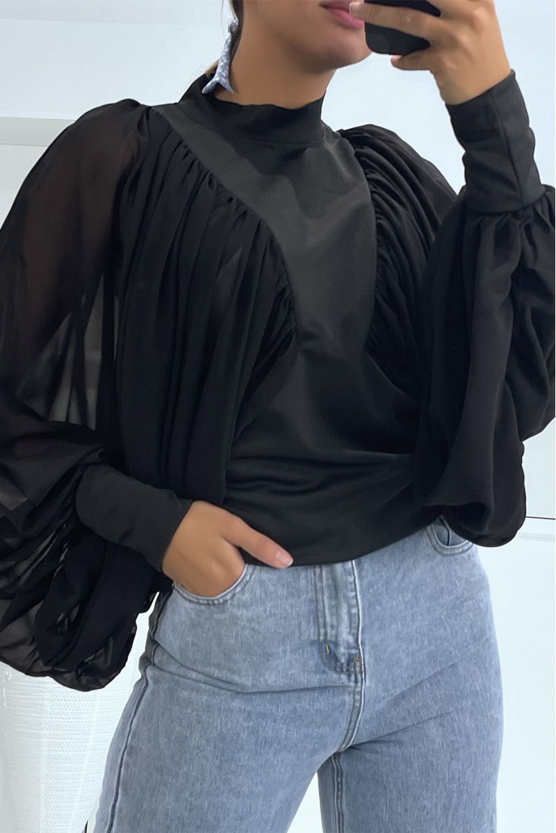 Black veil puff sleeve blouse - 3