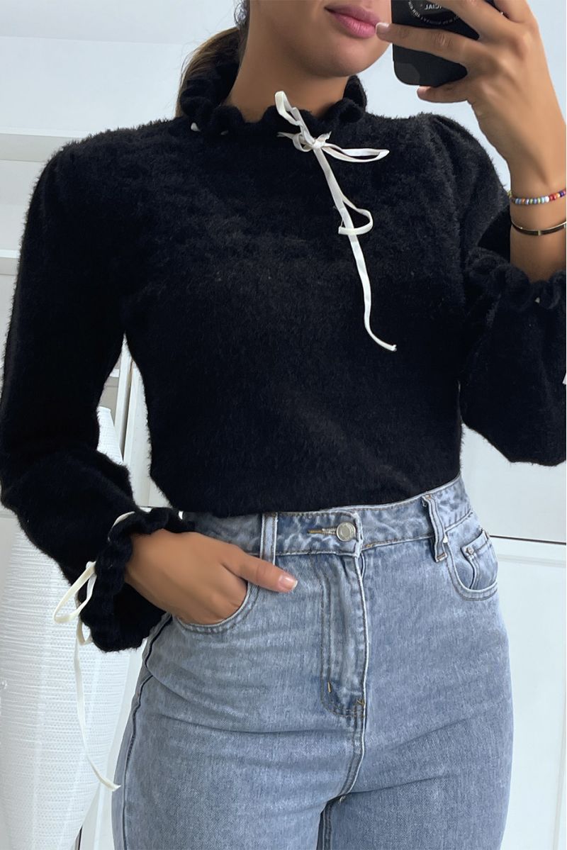 Black fluffy sweater with ruffle high neck and lace - 2