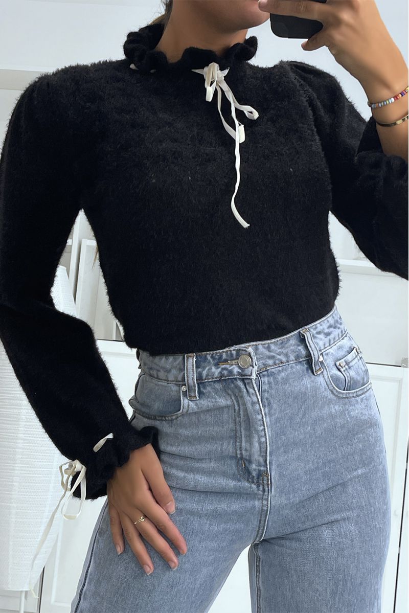 Black fluffy sweater with ruffle high neck and lace - 1