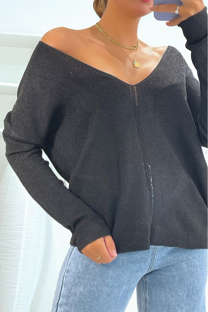Shiny black V-neck sweater with openwork line detail - 1