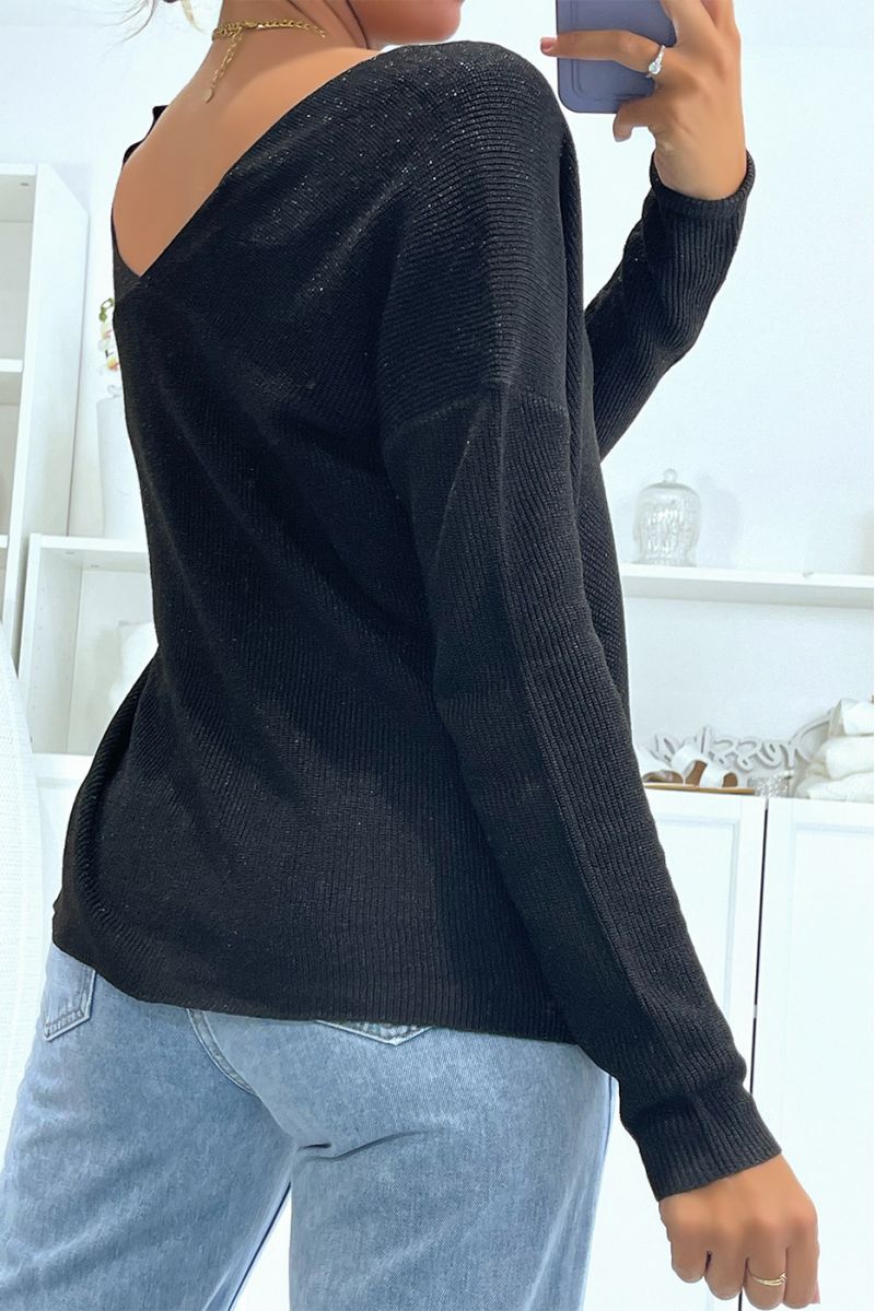 Shiny black V-neck sweater with openwork line detail - 3