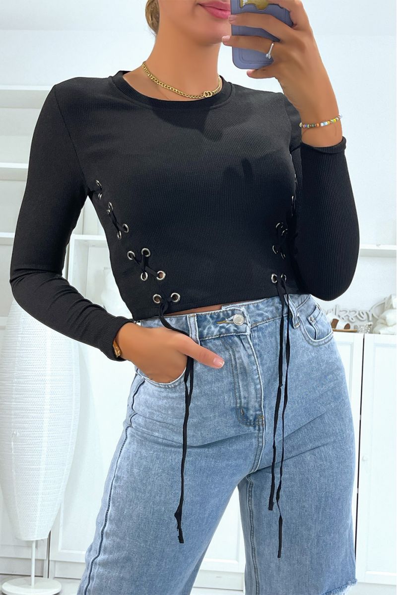 Long-sleeved black ribbed top with lace - 1